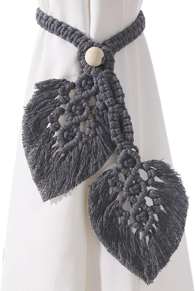 2 Pack Boho Curtain Tiebacks,Hand Knitting Cotton Curtain Holdbacks with Adjustable Natural Wooden Bead,Double Leaves Farmhouse Theme Curtain Tie Backs, for Indoor Outdoor Drapes Decorative,(Grey) (S5)