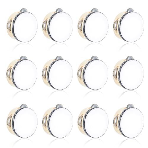 12 Pcs Wedding Tambourine Drum for Adults Hand Held Percussion Gift Wood Metal Jingles Musical Educational Drum Instrument for Church Wedding Party Games (White, 4 Inch)