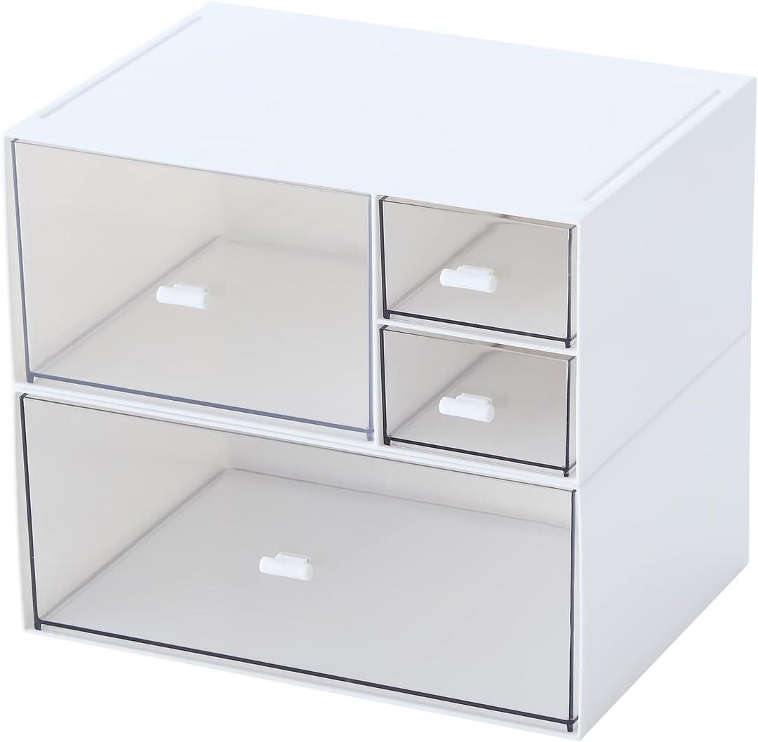 Desk Organizer with 4 Drawers, Makeup Organizer, Plastic Sundries Storage, Vanity Organizer, Cosmetic Storage Organizer, Desk Storage Box, Bathroom Counter or Dresser, White (CD-QBH-01)