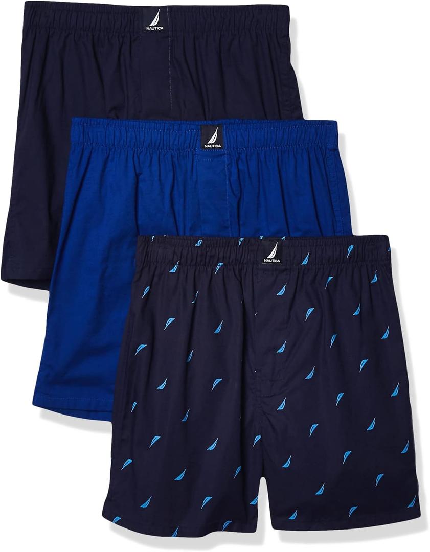 Nautica Men's Cotton Woven 3 Pack Boxer (Medium, Peacoat/Surf the Web/Sails)
