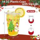 16 oz 50 Pack Christmas Plastic Cups with Lids, Sturdy Iced Coffee Cups with Sip Lids, Disposable Food Safe Smoothie Cup for Cold Drinks, Juice, Milkshake
