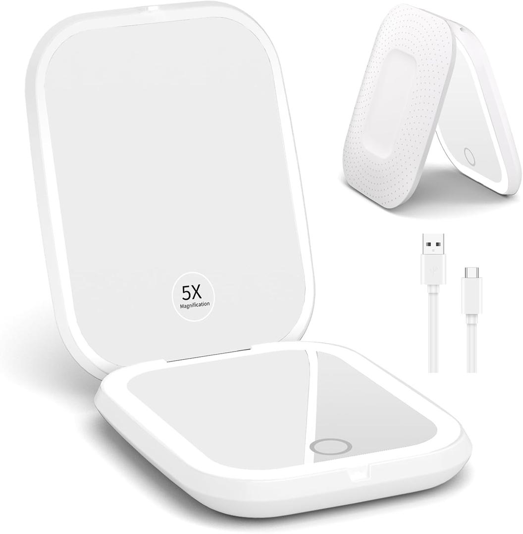 WOBSION Rechargeable 5X Magnification LED Travel Makeup Mirror,Dimmable Portable Compact Mirror for Pocket,Purses and Handbag,Gift,White