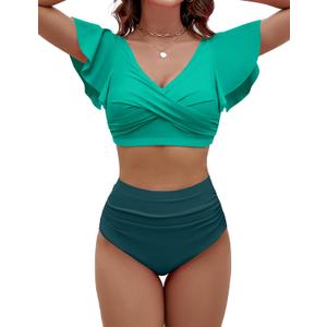 BMJL Womens High Waisted Bikini Sets Tummy Control Swimsuits Two Piece Full Coverage Cute Ruffle Bathing Suit (Large, Green)