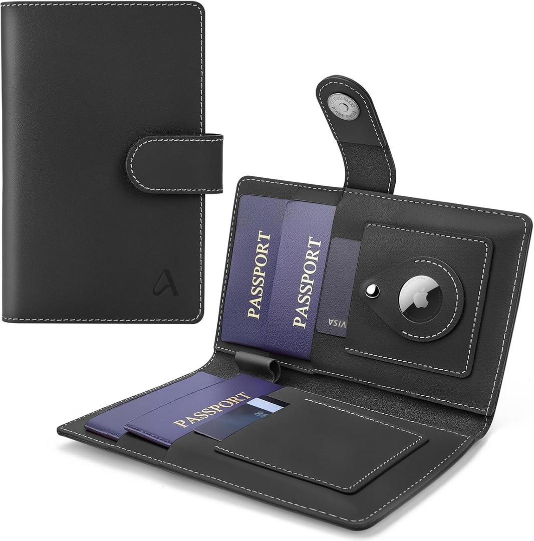 ALLIVE Passport Holder for Travel Family, Genuine Leather Passport Wallet with AirTag Slot, RFID Blocking Travel Document Organizer for Women & Men, Airport Essentials, Family Travel Gift (Black)
