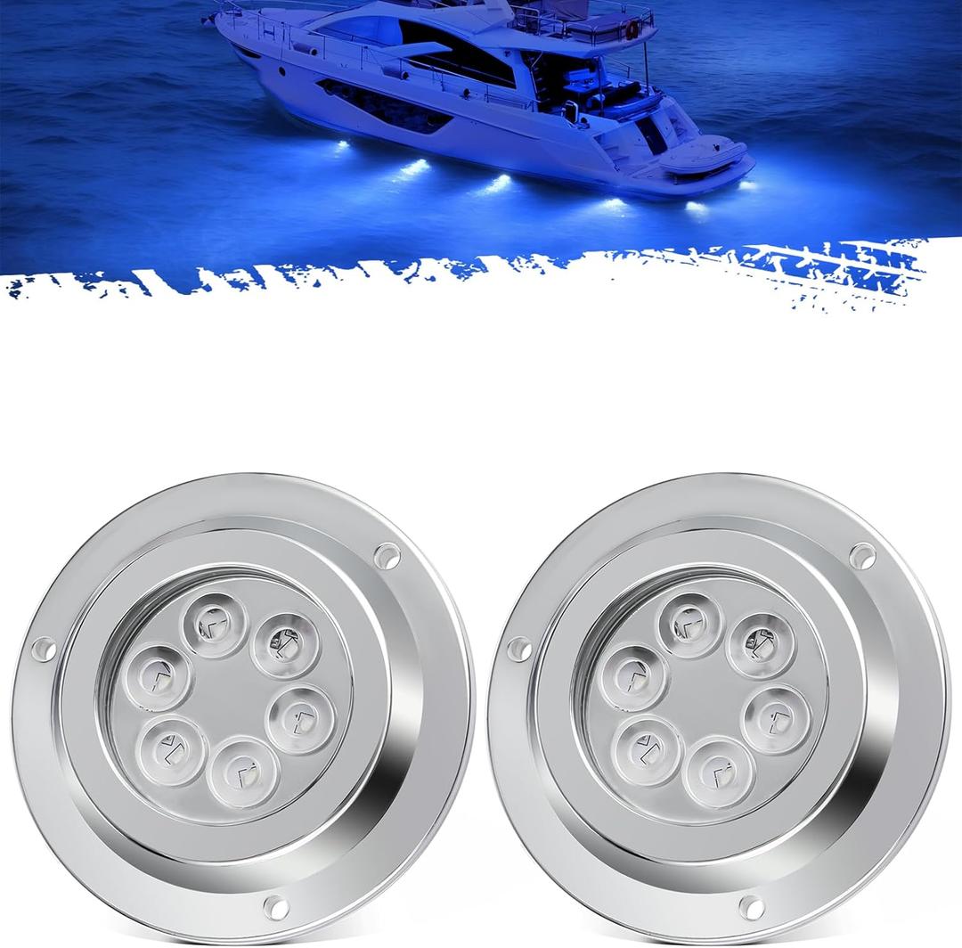 Partsam 2Pcs Blue 6LED Round Underwater Boat Lights, Transom Light for Yachts Boats Sailboat Pontoon, IP68 Waterproof, Stainless Steel housing, Surface Mount, 12V