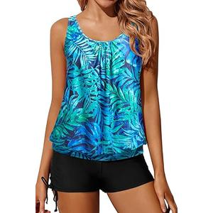 Yonique Blouson Tankini Swimsuits for Women 2 Piece Bathing Suits Tops with Boyshorts Modest Loose Fit Swimwear L