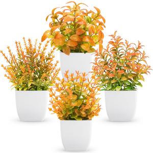 Der Rose 4 Pack Fall Fake Plants Mini Artificial Greenery Potted Plants Fall Decorations for Home Decor Indoor Office Table Room Farmhouse Bathroom Fall Decor (Orange)