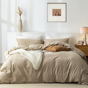 Full Duvet Cover Set- 100% Washed Cotton 3 Pcs Soft Comfy Breathable Chic Linen Feel Bedding, 1 Duvet Cover and 2 Pillow Shams, Beige