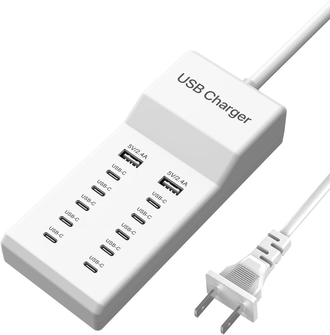 USB C Charger, 12 Ports USB Charging Station, 60W MultiPort Charger[10 USBC+2 USBA], Compatible with iPhone/iPad/Samsung/Google Pixel/Watch/Headphones, White