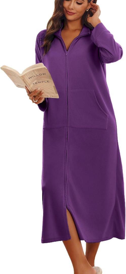 Ekouaer Women Zipper Robe Long Sleeves House Coat Soft Bathrobe Sleepwear with Pockets Housecoat Loungewear (Medium, Bright Purple)