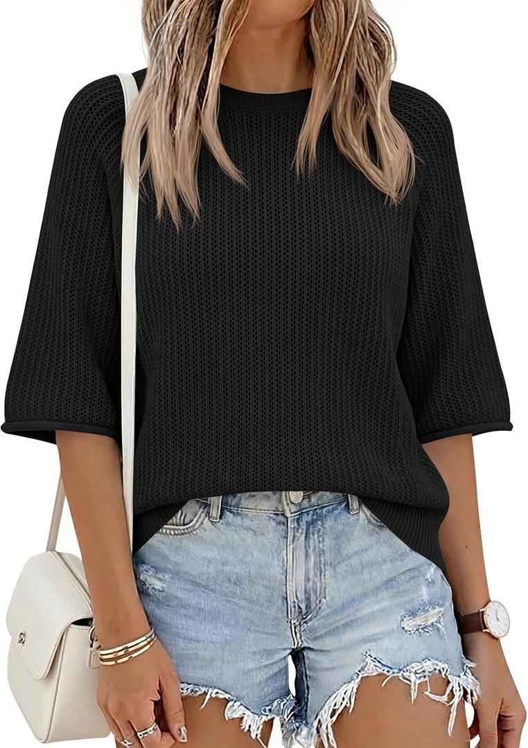 Saodimallsu Womens Short Sleeve Sweaters Crochet Knit Casual Crew Neck Lightweight Summer Trendy Sweater Tops (Black, S)