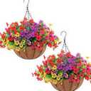 Hananona 2 Set Artificial Outdoor Flowers with Hanging Basket, 2 Hanging Planters with 24 Pcs Flowers for Spring Summer Front Porch Garden Patio Home Decor (2, Red, Purple, Yellow, Rose Red