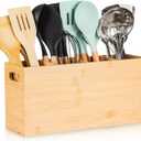 Extra Large Bamboo Utensil Holder with 4 Compartments, Large Wooden Utensil Holder for Kitchen Counter