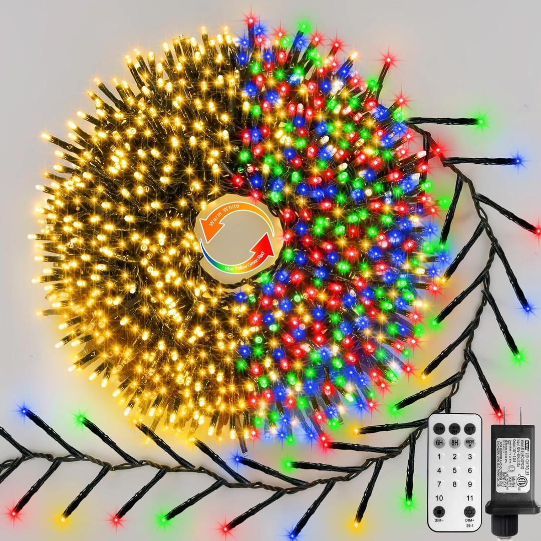 ZAIYW 100Ft 2000 LED Cluster String Lights Plug in, Dual Color Changing Christmas Tree Lights with Remote Timer 11 Modes, Outdoor Firecrackers String Lights for Garden Tree Garlands Decor