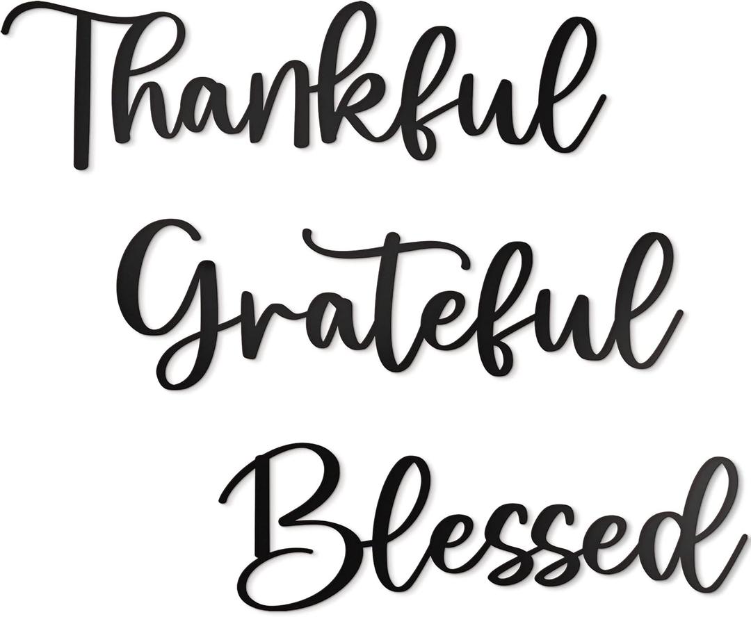 Vivegate Metal Wall Art Decor - 17.5'' x 15.5'' Thankful Grateful Blessed Signage, 3 Pieces, Black, Durable Sign for Home Decor