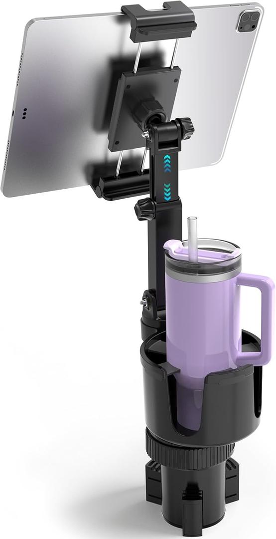 PLDHPRO Cup Holder Tablet Car Mount, Adjustable Truck iPad Cupholder Stand with Telescopic Arm for 5.1-15.6 inch iPad Pro Air Mini Galaxy Tab, Vehicle Road Trip Accessories