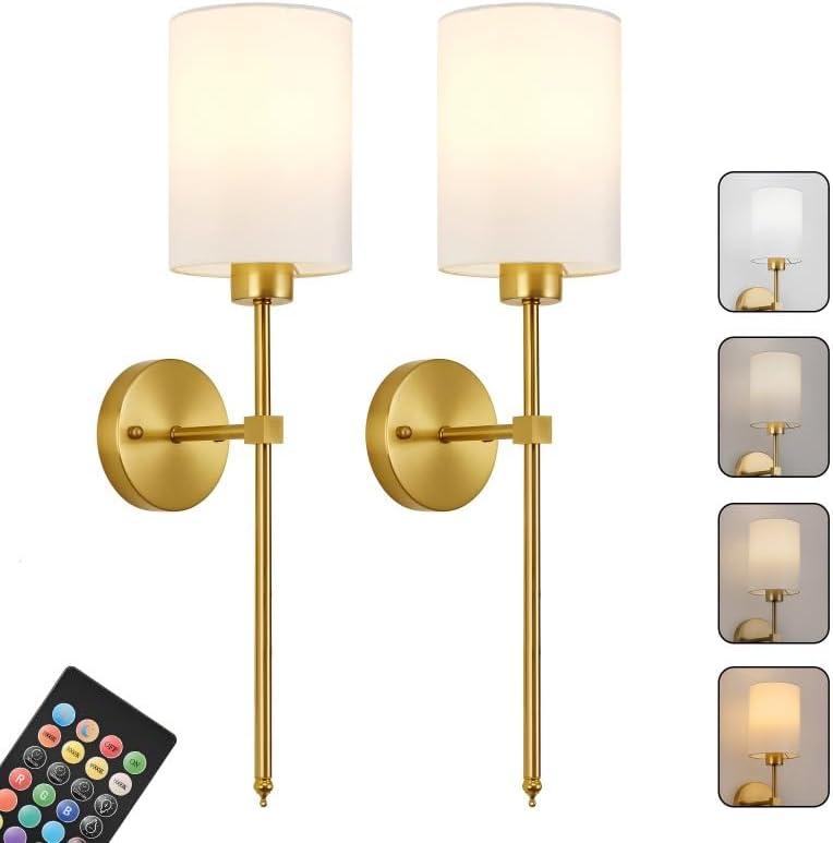 Battery Operated Wall Sconces Set of Two,Wireless Rechargeable Wall Light With Remote Control, Dimmable, 1800K/3000K/4000K/6000K/RGB, Timer, for Living Room, Bedroom, Fireplace, TV, 23.6 Inch, Gold (Brass)