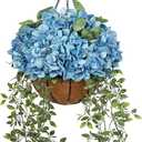Hollyone Large Blue Hydrangea Artificial Flowers Arrangements in Hanging Basket 13" Fake Hanging Plants Flowers UV Resistant Silk Flower Plant Faux Hydrangea Flower with Pot Outdoor Indoor Decor