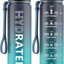 Water Bottle with Straw, 32oz Motivational Water Bottles with Time Marker to Drink, Tritan BPA Free, 1L Sports Water Bottle with Carry Strap LeakProof for Women Gym Fitness Outdoor (1 Pack) (Dark Blue)