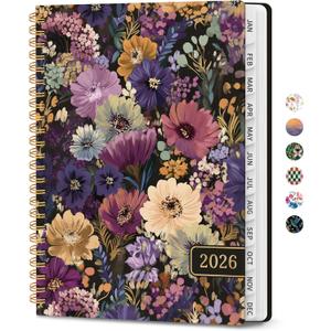 2026 Planner, Weekly and Monthly Calendar Planner for Women, Jan 2026 - Dec 2026, Hardcover Planning Agenda book with Tabs, Spiral Bound, Inner Pocket, Perfect for School Office Supplies, 6.3" x 8.5" - Midnight Bloom