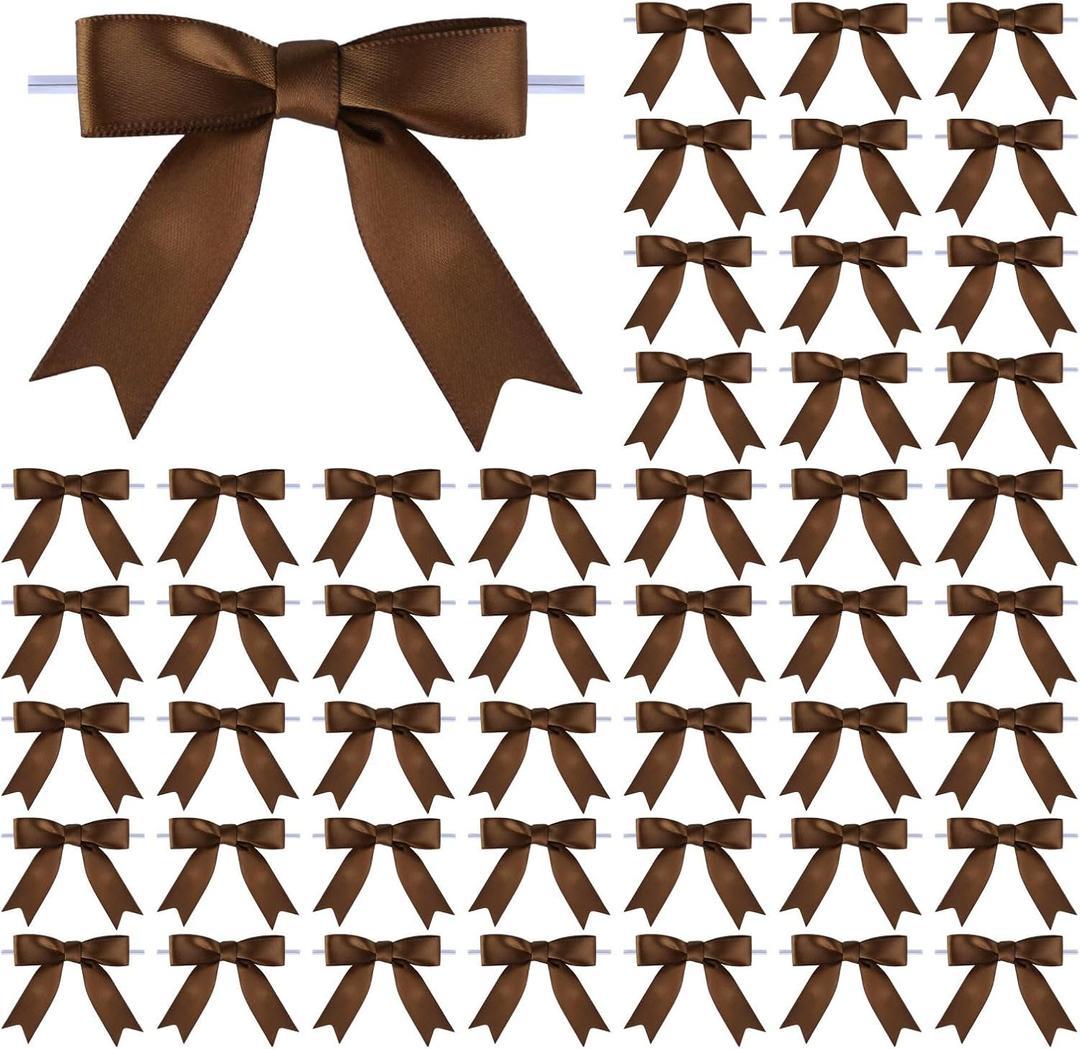 50 Pcs 3 Inches Twist Tie Satin Ribbon Bows Brown Pretied Premade Craft Bows for Treat Bags Gift Wrapping Basket Wedding Baby Shower Birthday Christmas Party (3", Brown)