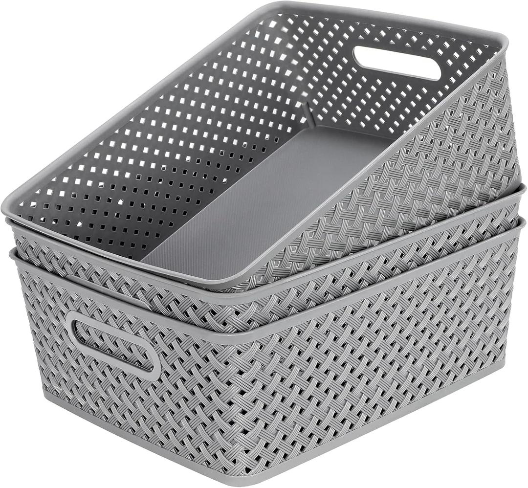 MaxGear Organization and Storage 3 Packs, Plastic Bins Organizer Bins, Woven Baskets for Storage, Plastic Baskets with Handles, Grey Basket for Organizing, Basket Organizer for Home and Office, Large