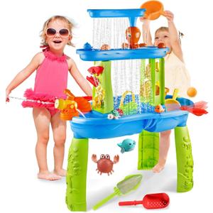 Water Table for Toddlers 1-3, 3-Tier Kids Water Table, Water Tables for Toddlers 3-5 Features Swimming Crabs & Dolphins, Rain Showers Splash Pond, Activity Sensory Play Table for Boys Girls