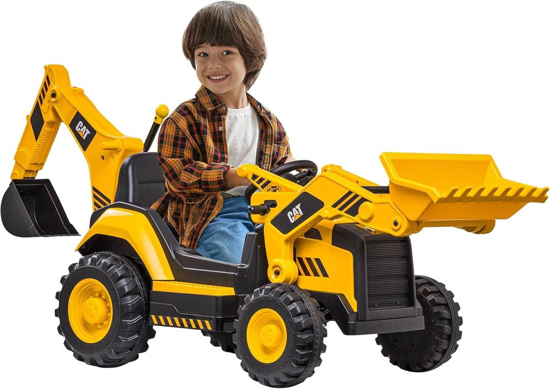 Kid Trax 12V CAT Backhoe Loader - Ride On Excavator Construction Toys for Boys w/Realistic Sounds, 2.5-5 mph Mini Bulldozer, Indoor/Outdoor Tractor Toys, Sturdy Toy Cars for Toddlers 3-6, Up to 66lbs