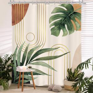 Glawry Boho Plant Shower Curtain 72Wx72L Inches Mid Century Botanical Tropical Abstract Minimalist Bohemian Leaves Bathroom Curtains Set Palm Leaf Green Bath Accessories Art Home Decor Fabric