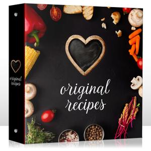 Recipe Binder, 3 Ring Recipe Book with dividers, Plastic Sleeves and Pages, Kitchen Conversions Inside, Modern Black Design with Vegetables, Gift for Home Cooks and Chefs