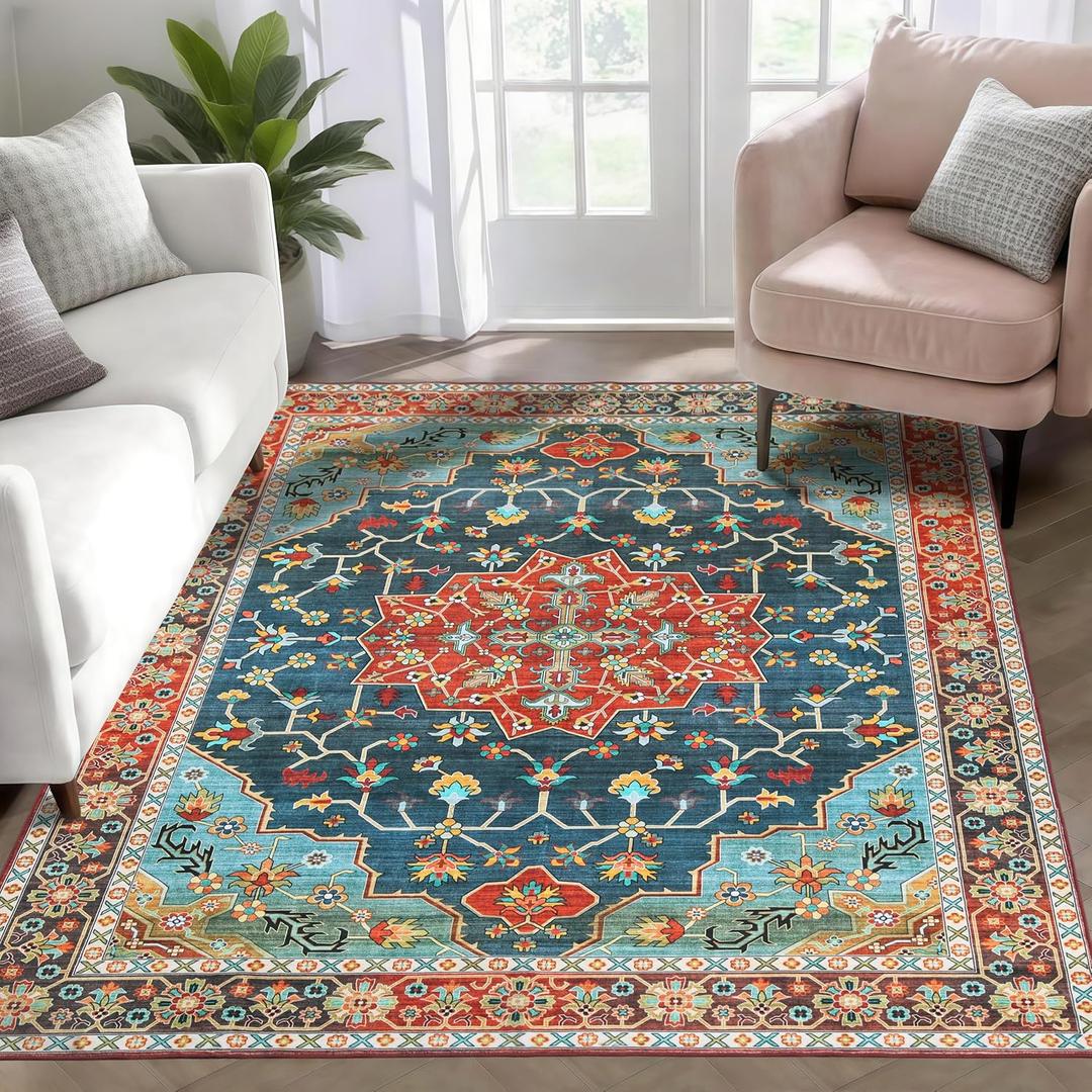 WILLSUN Washable Area Rugs, 3x5 Non-Slip Boho Large Area Rugs for Living Room, Bedroom, Machine Washable Vintage Rug, Indoor Floral Print Carpet for Home Decor, Kid & Pet Friendly Mat (Brick Red)
