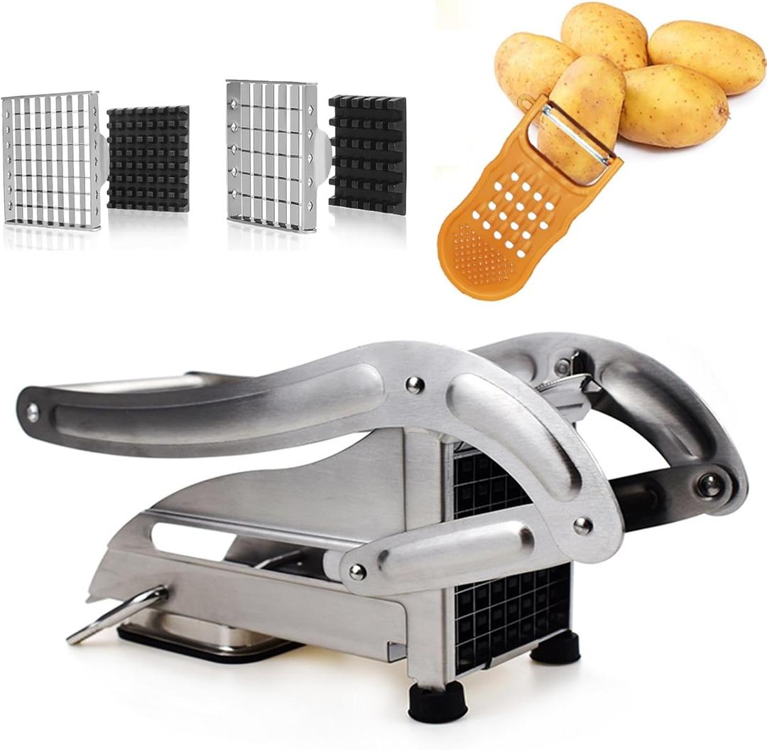 Stainless Steel French Fry Cutter, 2 Blade Sizes No-Slip Suction Base with 1 Peeler, Perfect for Potatoes, French Fries, Cucumber,Vegetables Carrot (silvery)