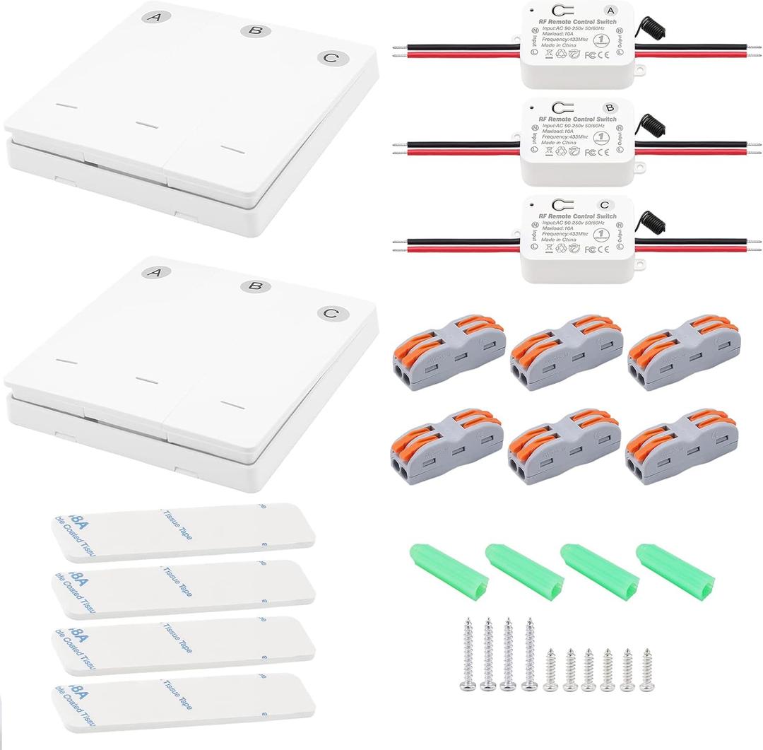 JIUWU 3pcs RF 433Mhz Wireless Remote Control 1 Channel Relay Switch, AC110V AC 90~250V 10A, with 2pcs Included 86 Wall Panel Transmitter No Wiring Required, Remote Control Switch for 3pcs Home Light JIUWU 3pcs RF 433Mhz Wireless Remote Control 1 Channel Relay Switch, AC110V AC 90~250V 10A, with 2pcs Included 86 Wall Panel Transmitter No Wiring Required, Remote Control Switch for 3pcs Home Light