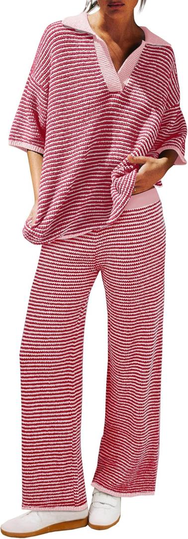 Tankaneo Womens Sweater Set Striped 2 Piece Outfits Oversized 3/4 Sleeve V Neck Knit Tops Wide Leg Pants Fall Lounge Sets (Small, Pink)
