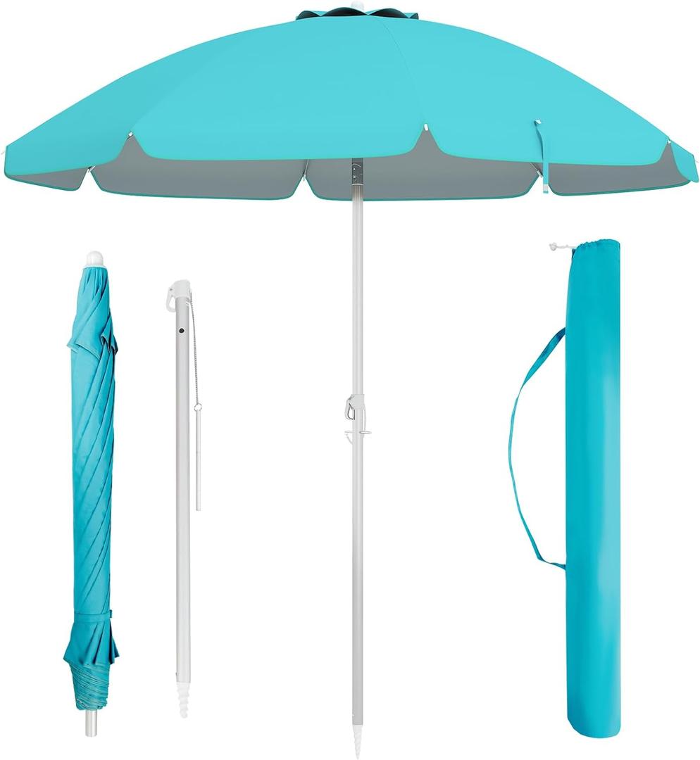 6.5 ft Beach Umbrella, Portable Umbrella Outdoor with Sand Anchor, Sun Protection, Push Button Tilt & Carry Bag, Sunshade Parasol for Beach, Patio, Garden, Poolside & Yard (Blue)