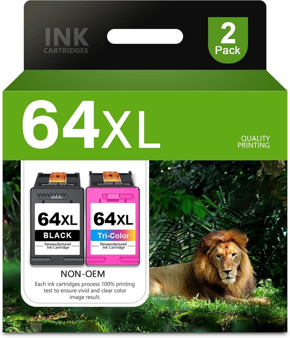 64XL Black and Color Ink Cartridge Combo Pack Replacement for HP 64 64XL Ink Cartridge for Envy Photo 7855 7858 7800 7100 7155 6255 7164 Inspire 7255e 7955e 7958e 7900e Tango Series Printer (2-Pack) (1Balck 1Tri-color)