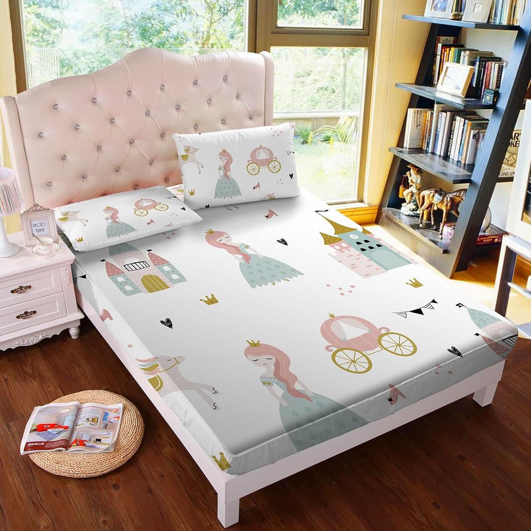 MUSOLEI Princess Fitted Sheet Set Cute Girl Castle Sheet Girl Bed Sheets Girls Teens Kids Bedding Set 1 Deep Pocket Fitted Sheet with Pillowcases Microfiber (Princess, Full)