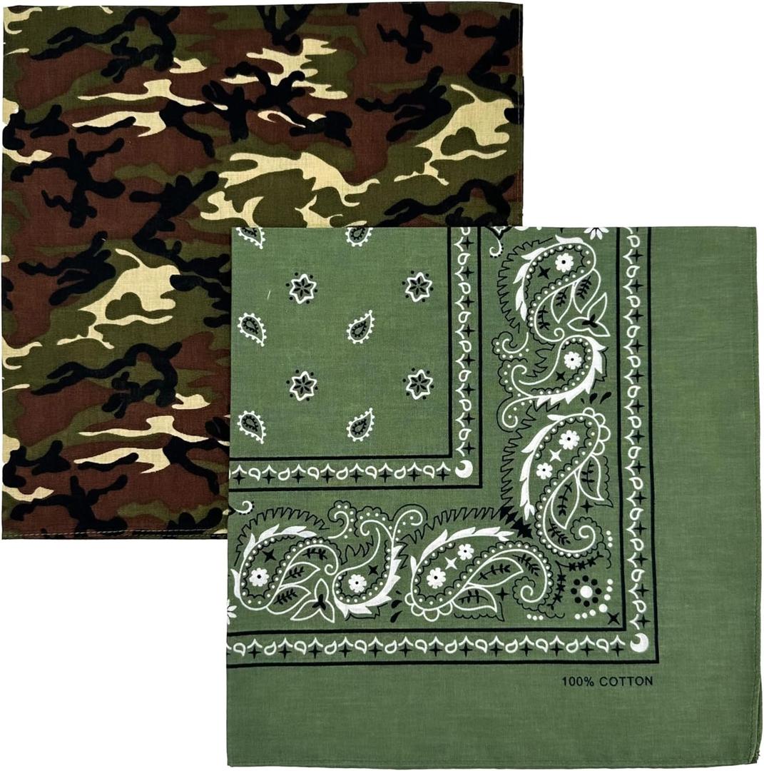 Vamqor Bandana Single Pack & Double Pack Cotton for Men and Women 22 Inch (Camo&olive Green)
