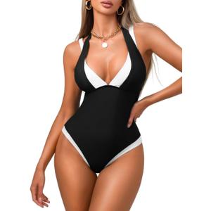 Color Block Sexy Womens One Piece Swimsuit, Deep V Tummy Control Backless Cheeky, Slimming Bathing Suit Beach Outfits (Medium, Black-white)