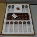 Single Dose Coffee Bean Storage Tubes Coffee Storage Container with One-Way Exhaust Valve,Coffee Bean Cellar 10 Pcs Dosing Glass Vials (2 Oz) Walnut Wood Stand Funnel And Lids (Brown)