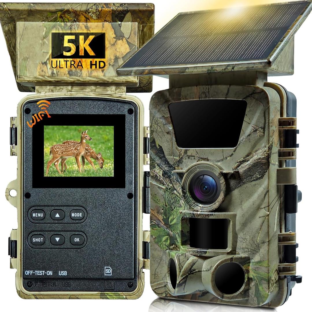 Solar Trail Camera, 5K WiFi Game Camera, 5200mAh Forever Power, 64GB SD Card, IP66 Waterproof,120 Wide Angle Night Vision for Outdoor Detection, Monitoring Trail Cameras, H.264 MP4 Video