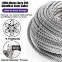 1/2" Stainless Steel Cable, 75ft Wire Rope, 7x19 Strand, 23000lbs Breaking Strength, 304 Stainless Steel Heavy Duty Metal Cable for Yard Zipline, Winch Cable, Boat Lifts