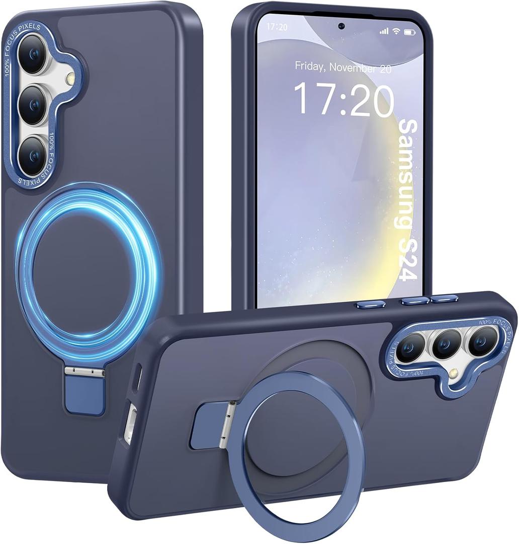 Compatible with Samsung Galaxy S24 Case with Magnetic Ring Stand, Military Drop Protection, Anti-Scratch/Anti-Fingerprint Translucent Matte Case for Samsung Galaxy S24 (Dark Blue)