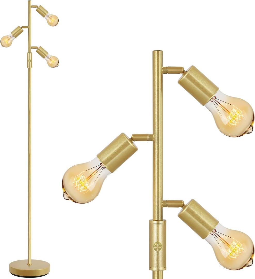 BoostArea Tree Floor Lamp, Brass Gold Industrial Floor Lamp, Modern Standing Lamp with Adjustable 3 Light, E26 Socket, Rotary Switch, Boho Stand Up Lamp Pole Lamps for Living Room, Bedroom (No Bulbs)