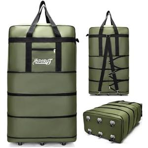 Expandable Extra Large Travel Oxford Duffel Bag with Wheels Waterproof Lightweight Traveling Foldable Suitcase (Green, L - 6 wheels)