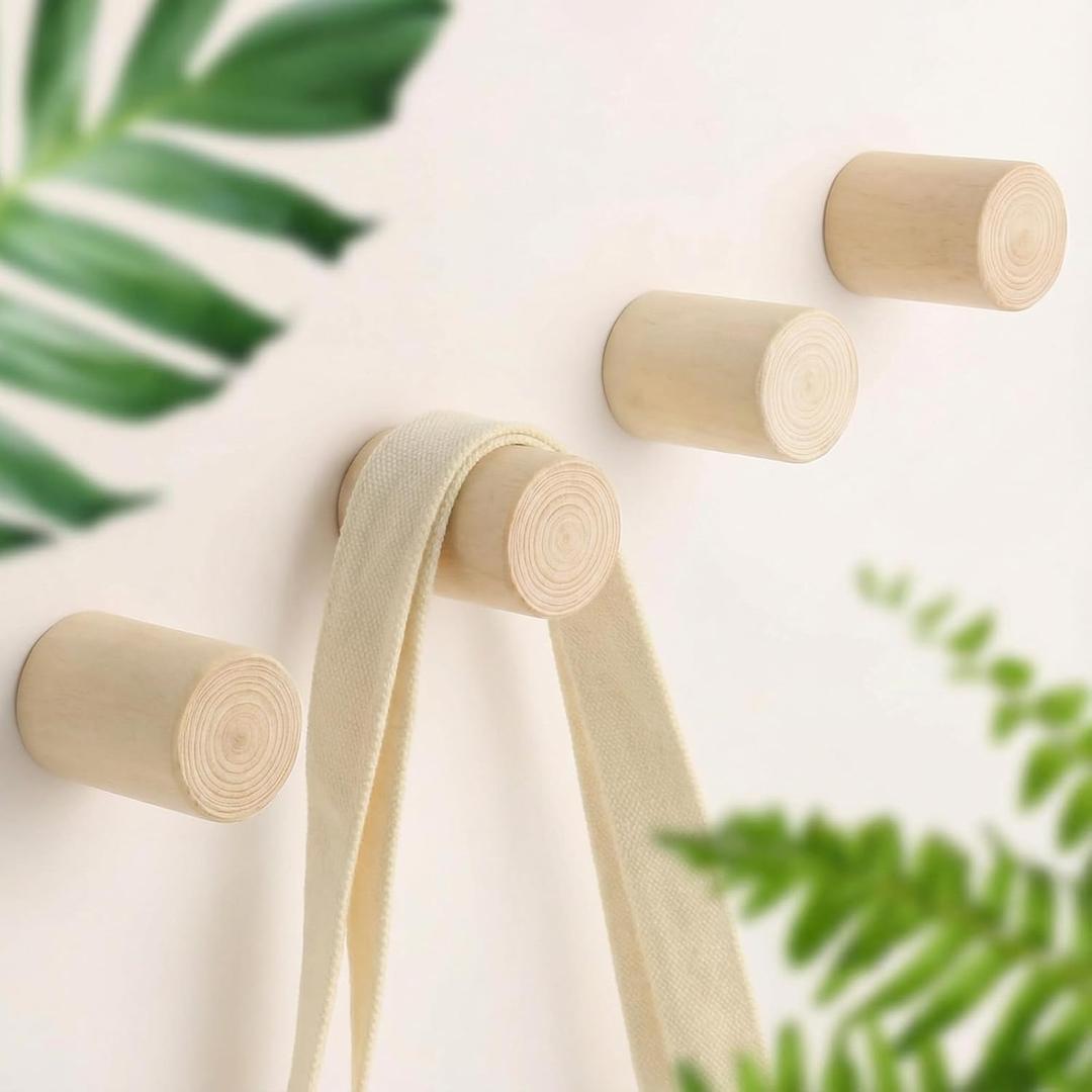 Leinuosen 4 Pcs Natural Wooden Wall Mounted Hooks - Coat Hat Hooks - Handmade Decorative for Vintage Bathrooms Towel Mounted Rustic Wooden Robe Rack Heavy Duty for Hat Hanging(White Cherry Wood)