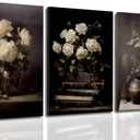 CCZ Vintage Moody Flower Wall Art Dark Floral Canvas Rustic Wall decor Black Botanical Farmhouse Painting Picture Dark Academia Poster Still Life Vase Book Rose Prints Artwork for Living Room Bedroom, 24"L x 16"W-Wrapped Canvas