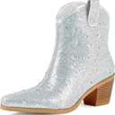 FIFSY Women Rhinestone Cowboy Boots Glitter Chunky Heel Sparkly Cowgirl Ankle Boots, Size US 8