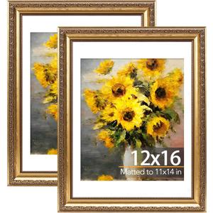JCJMY 12x16 Vintage Picture Frame with 11x14 Mat Set of 2, Elegant Retro 12 by 16 Photo Frame with Shatter-Resistant Plexiglass for Wall Hanging, Gallery Decor & Gift, Gold, 2 Pack
