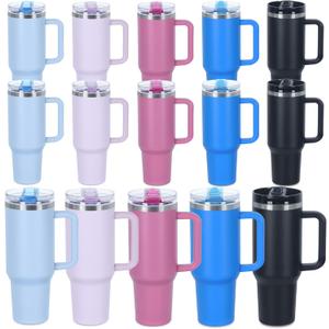 15 Pack 40 oz Tumbler with Handle Bulk and Detachable Leak proof Flip Straw Lid, Double Wall Vacuum Insulated Stainless Steel Tumbler for Laser engraving, Keep Cold and Hot, Mixed-1 (Cream,Rose Quartz,Purple,Black,Hot Pink)